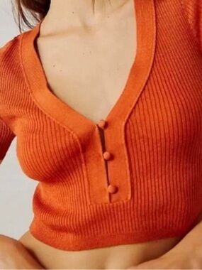 Free People Ribbed V-Neck Cropped Top in Burnt Orange with Pink Trim